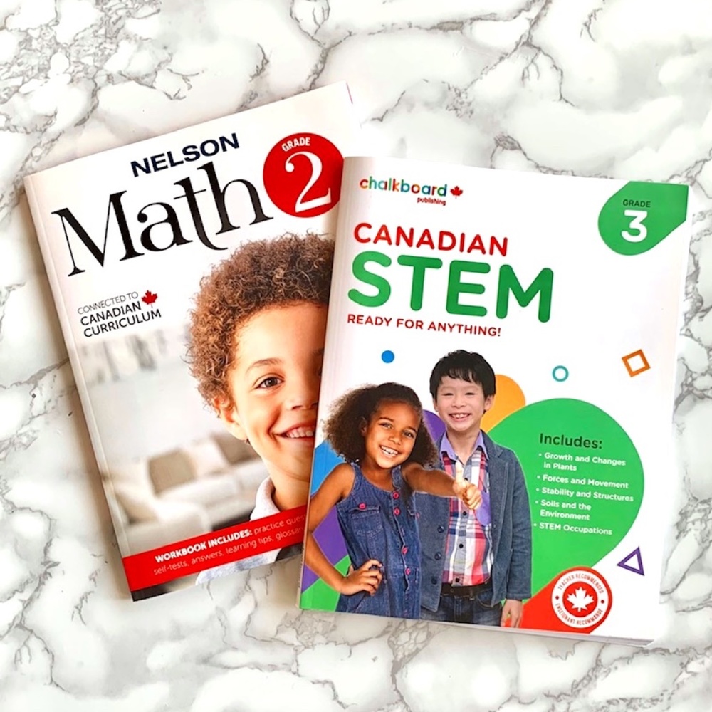 2 Kids Study Books:  NELSON Math Grade 2 & CHALKBOARD Canadian Stem Grade 3 NEW